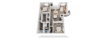 A 3D floor plan of a house with a kitchen, living room, dining room, and two bedrooms.