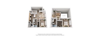 Two images of a small apartment layout with a kitchen, living room, and bathroom.