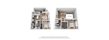 Two images of a floor plan for a house with a kitchen, living room, and bathroom.