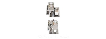 Two images of a house layout with a kitchen, living room, and bedrooms.