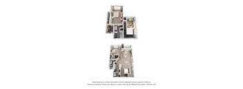 Two images of a house layout with a kitchen, living room, and bedrooms.