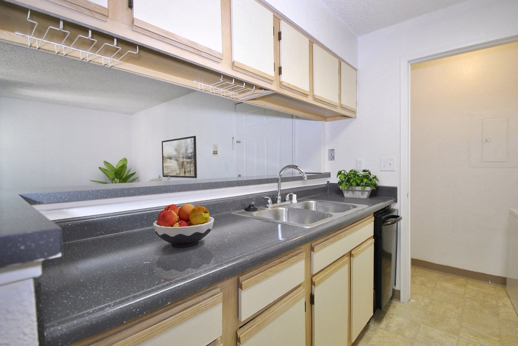 a kitchen with a sink and a bowl of fruit