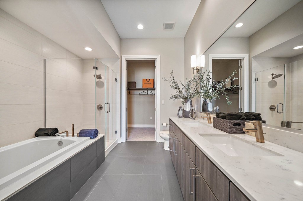 a bathroom with a tub and a sink and a shower