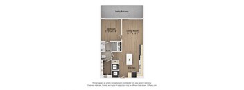a floorplan of a studio apartment with a bedroom and a living room