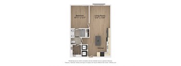 a floor plan of a studio apartment with a bedroom and a living room