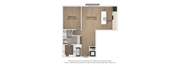 a floor plan of a studio apartment with a bedroom and a living room
