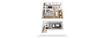 A 3D floor plan of a small apartment with a bedroom, living room, and kitchen.