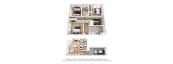 Two images of a house layout with a kitchen, living room, and bedrooms.