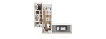 A 3D floor plan of a small apartment with a kitchen, living room, and bedroom.