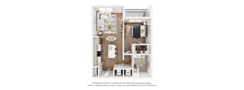 A 3D floor plan of a small apartment with a kitchen, living room, and bathroom.