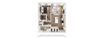 A 3D floor plan of a small apartment with a kitchen, bathroom, and living room.