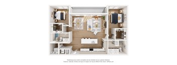 A 3D floor plan of a small apartment with a kitchen, living room, and bedrooms.