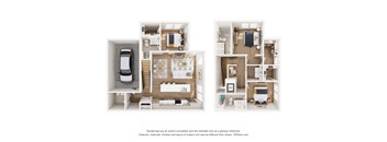 A 3D floor plan of a house with a kitchen, living room, and bedrooms.