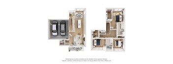 A 3D floor plan of a house with two bedrooms, a living room, a kitchen, and a bathroom.
