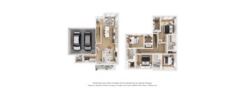 A 3D floor plan of a house with two bedrooms, a living room, a kitchen, and a bathroom.