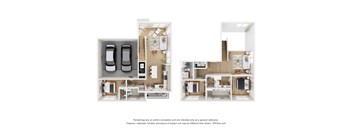A 3D floor plan of a house with two bedrooms, a living room, a kitchen, and a garage.