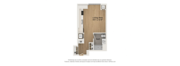 A floor plan of a small apartment with a living area, bathroom, and kitchen.