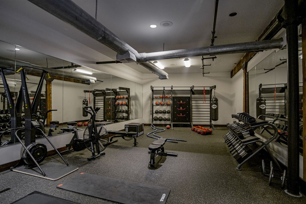 A gym with a variety of equipment including weights and weight machines.