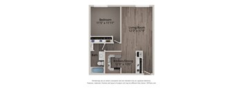 A floor plan shows a bedroom, living room, kitchen/dining area, and bathroom.