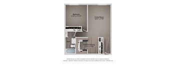 A floor plan of a small apartment with a bedroom, living room, kitchen/dining area, and bathroom.