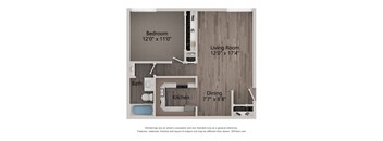 A floor plan of a small apartment with a bedroom, living room, kitchen, and bathroom.