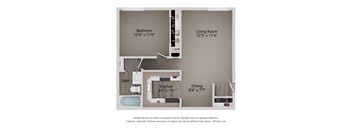 A floor plan of a small apartment with a bedroom, living room, kitchen, dining area and bathroom.