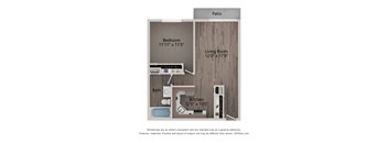 A diagram of a house layout with a living room, bedroom, kitchen and bathroom.