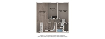 A diagram shows the layout of a small apartment with a living room, kitchen, two bedrooms, and a bathroom.