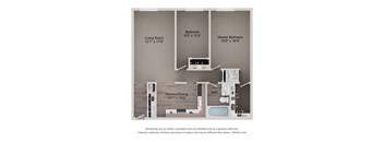 A floor plan of a small apartment with a living room, kitchen/dining area, and two bedrooms.