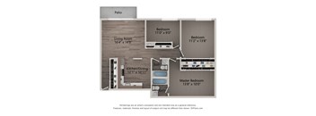 A floor plan of a house with a living room, two bedrooms, a kitchen/dining area, and a master bedroom.