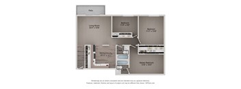 A diagram of a house layout with a living room, two bedrooms, a kitchen, and a bathroom.