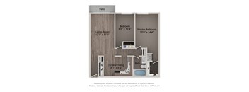 A floor plan of a home with a living room, kitchen/dining area, patio, and two bedrooms.
