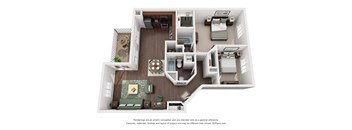 A 3D floor plan of a house with a kitchen, living room, and bedrooms.