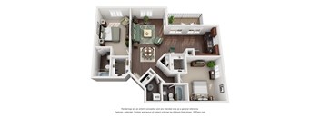 A 3D floor plan of a house with a kitchen, living room, and bathroom.