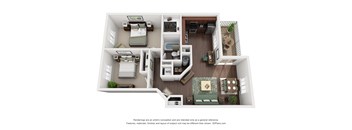 A 3D floor plan of a house with a kitchen, living room, and two bedrooms.
