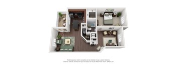 A 3D floor plan of a house with a living room, kitchen, dining room, and bedrooms.