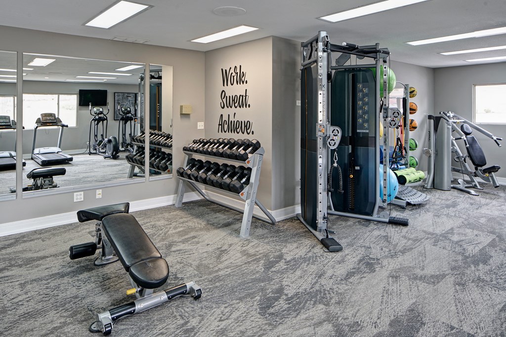 a home gym with weights and cardio equipment and a mirror