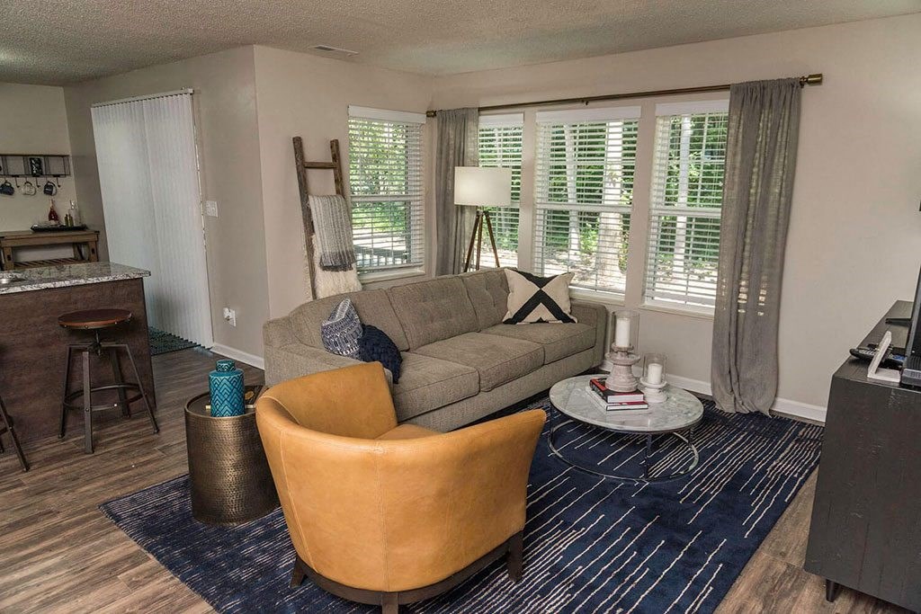 Fairlane Woods apartment living room furnished with a gray couch, tan side chair, and blue rug