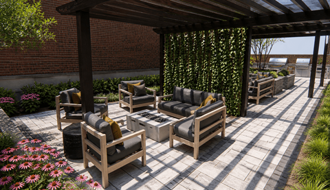 A wooden patio furniture set is placed on a tiled floor.
