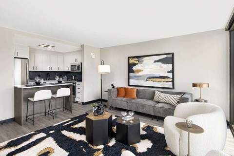 A modern living room with a grey couch, a black and white rug, and a painting on the wall.