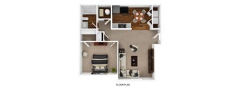 a stylized floor plan with a bedroom and living room