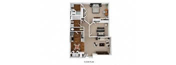 a stylized floor plan with a bedroom and living room