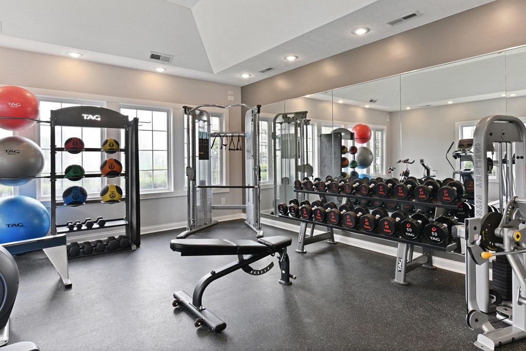the preserve at ballantyne commons fitness room with weights and cardio equipment
