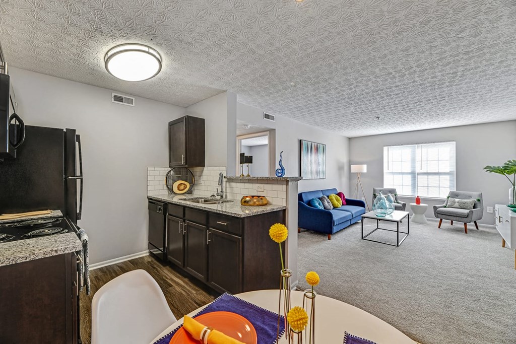 a living room with a kitchen and a dining room