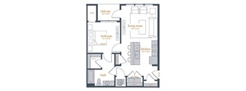 A floor plan of a home showing a living room, kitchen, bedroom, and bathroom.