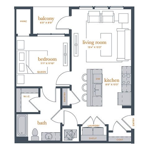 A floor plan of a home showing a living room, kitchen, bedroom, and bathroom.