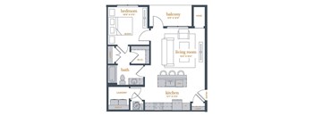 A floor plan of a house with a bedroom, living room, kitchen, bath, and laundry area.