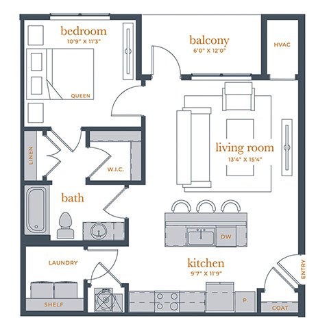 A floor plan of a house with a bedroom, living room, kitchen, bath, and laundry area.