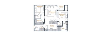 A floor plan of a home with two bedrooms, a living room, a kitchen, a bathroom, a laundry area, and a coat and shelf area.