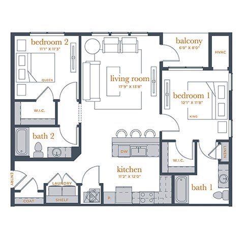A floor plan of a home with two bedrooms, a living room, a kitchen, a bathroom, a laundry area, and a coat and shelf area.